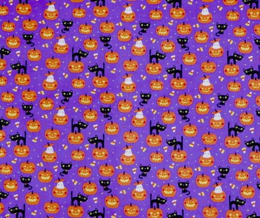 1 Yard Fabric Cut  - 44" x 36" - Halloween Black Cats on Pumpkins