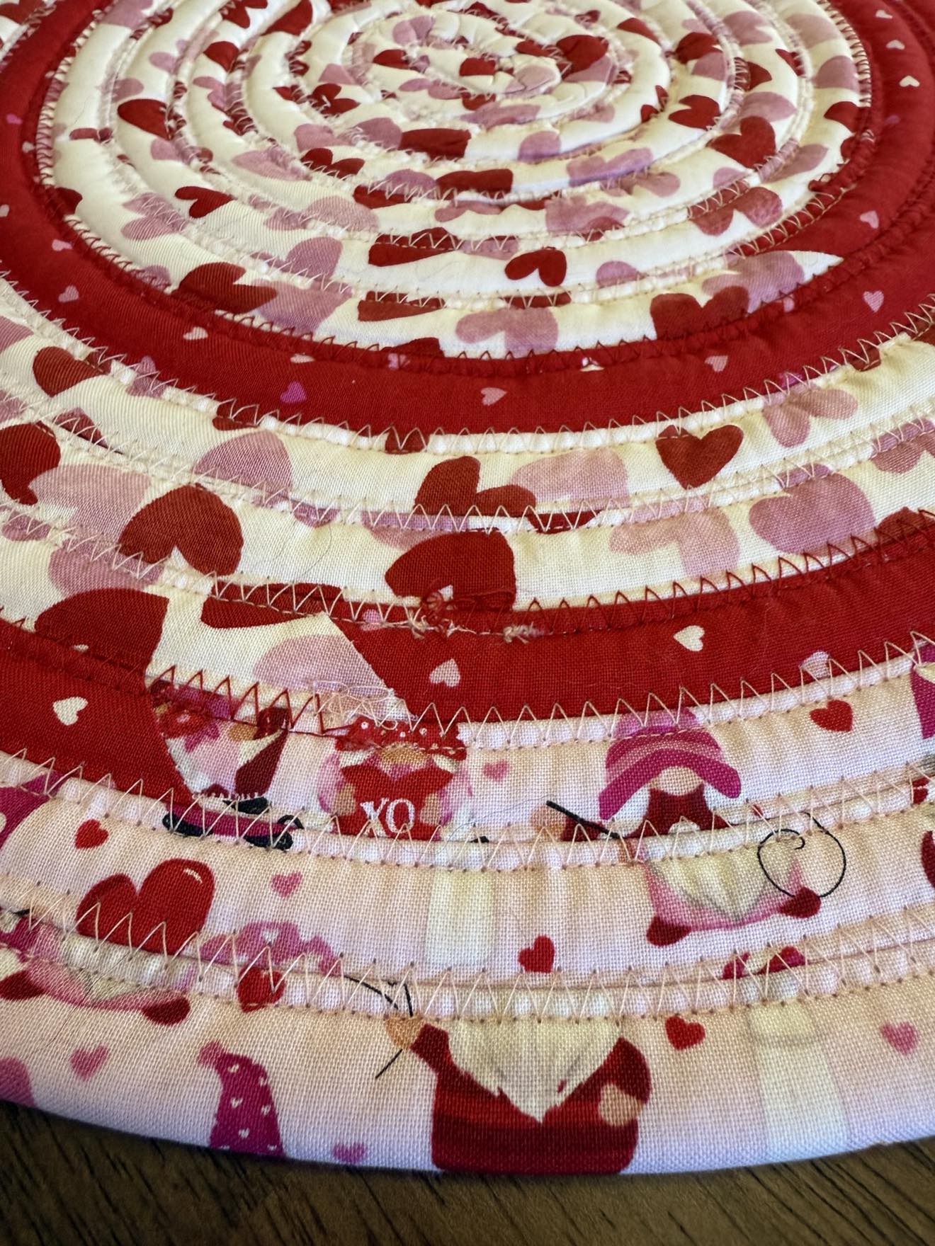 Round 17" Valentine's Day themed jelly roll placemat, flower mat, centerpiece mat