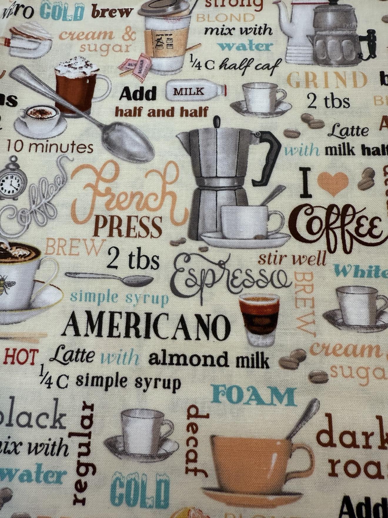 1 Yard Fabric Cut  - 44" x 36" - Beige Coffee Theme Fabric 100% Cotton