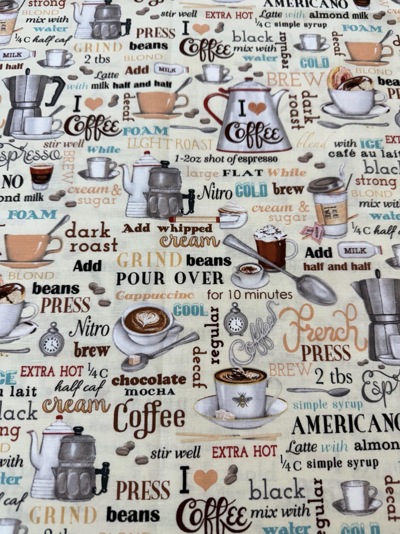 1 Yard Fabric Cut  - 44" x 36" - Beige Coffee Theme Fabric 100% Cotton