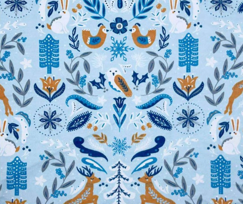 1 Yard Fabric Cut  - 100% Cotton Flannel Fabric - Folk Winter Animals & Leaves