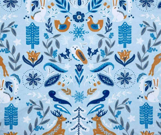 1 Yard Fabric Cut  - 100% Cotton Flannel Fabric - Folk Winter Animals & Leaves