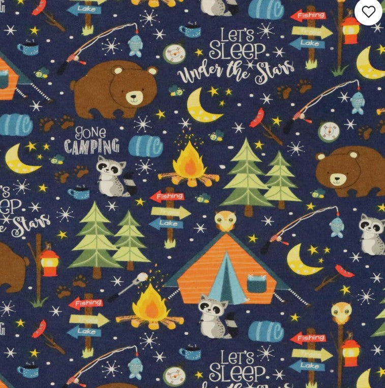 1 Yard Fabric Cut  - 100% Cotton Flannel Fabric - Gone Camping Animals