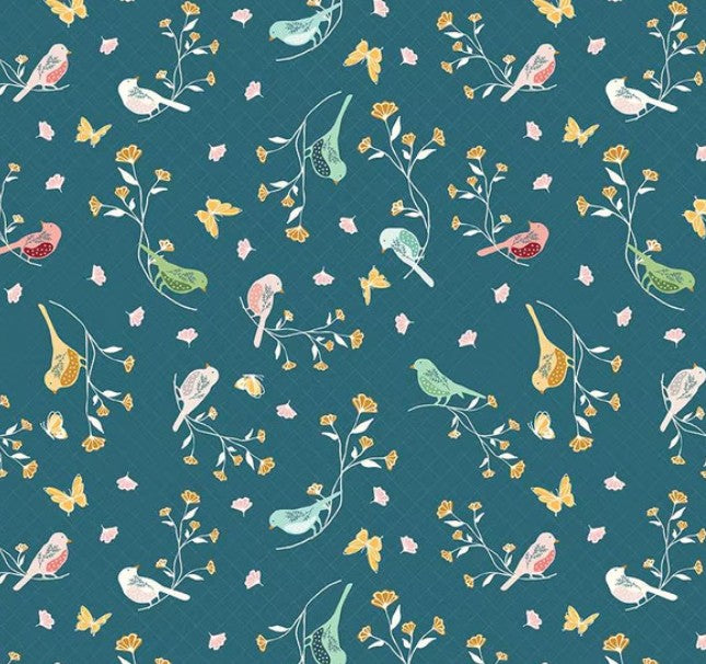 1 Yard - Melody - Floral Birds Colonial Blue by Beverly McCullough for Riley Blake Designs