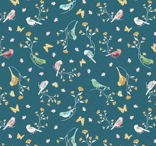 1 Yard - Melody - Floral Birds Colonial Blue by Beverly McCullough for Riley Blake Designs