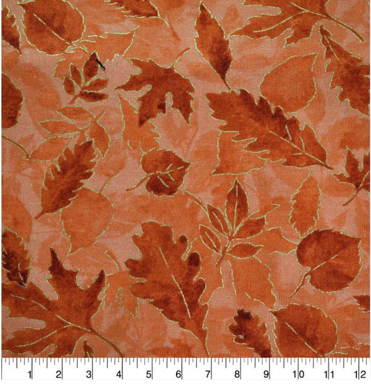 1 Yard Fabric Cut  - Orange Leaves with Outlines Harvest Metallic Cotton Fabric