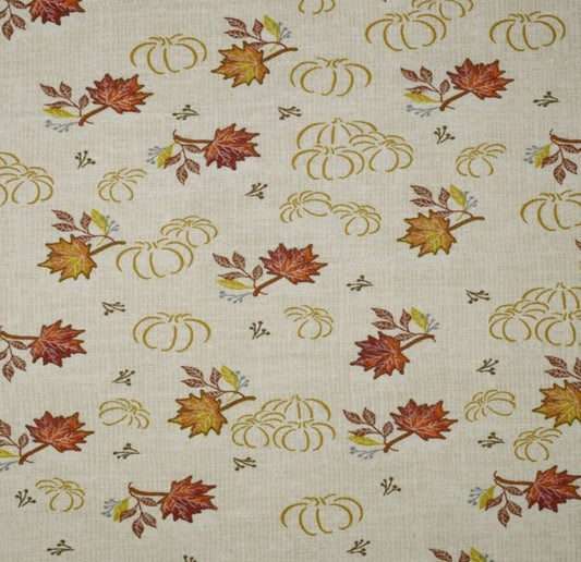 1 Yard Fabric Cut  - Cream Fabric with Sketched Pumpkins & Orange and Gold Leaves