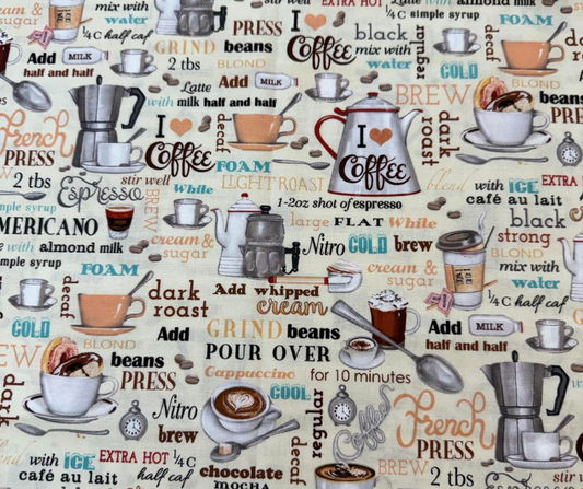 1 Yard Fabric Cut  - 44" x 36" - Beige Coffee Theme Fabric 100% Cotton