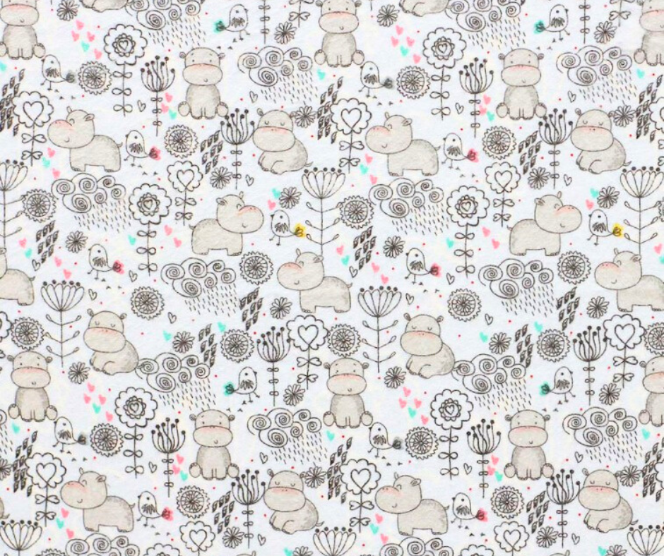 1 Yard Fabric Cut  - 100% Cotton Flannel Fabric - Sweet Hippos on Light Blue