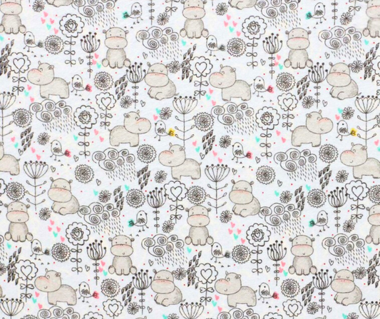 1 Yard Fabric Cut  - 100% Cotton Flannel Fabric - Sweet Hippos on Light Blue