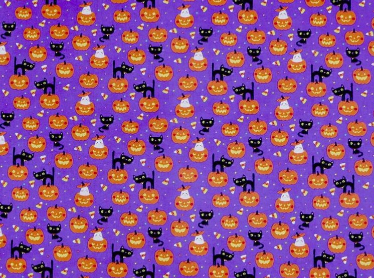 1 Yard Fabric Cut  - 44" x 36" - Halloween Black Cats on Pumpkins